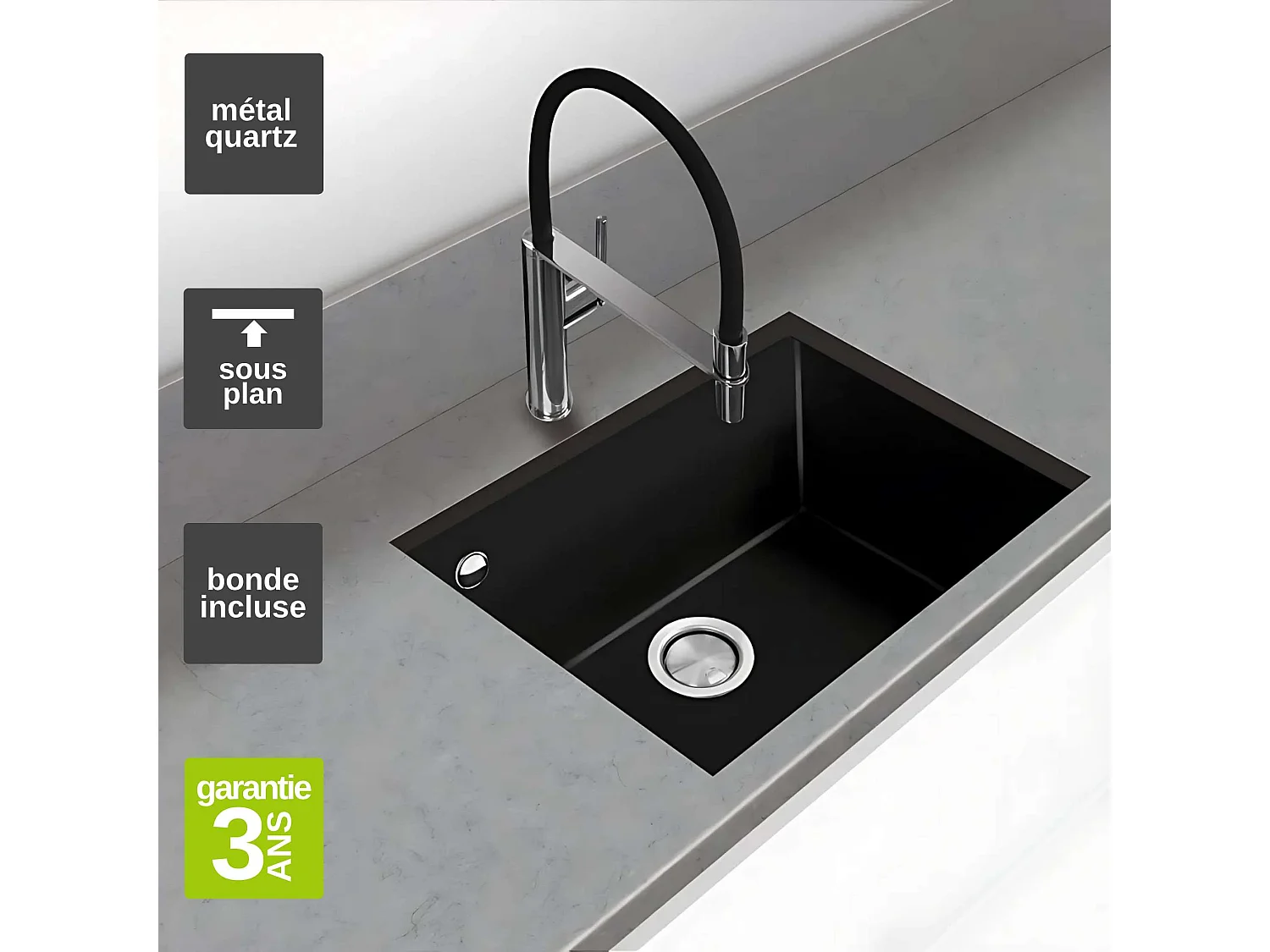 Évier sous-plan 1 Cuve 69x40x20cm R5mm - Quartz Noir Mat -  Quadra BE FRÉCAN
