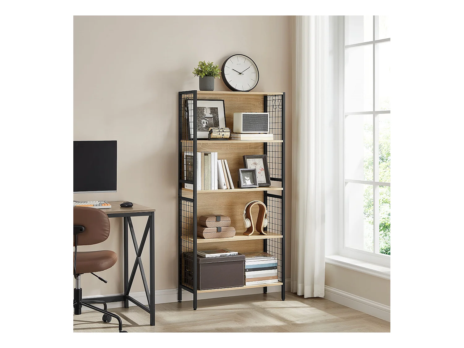 Valora Bücherregal – 4 Regalböden Sonoma-Eiche mit schwarzem Stahlrahmen