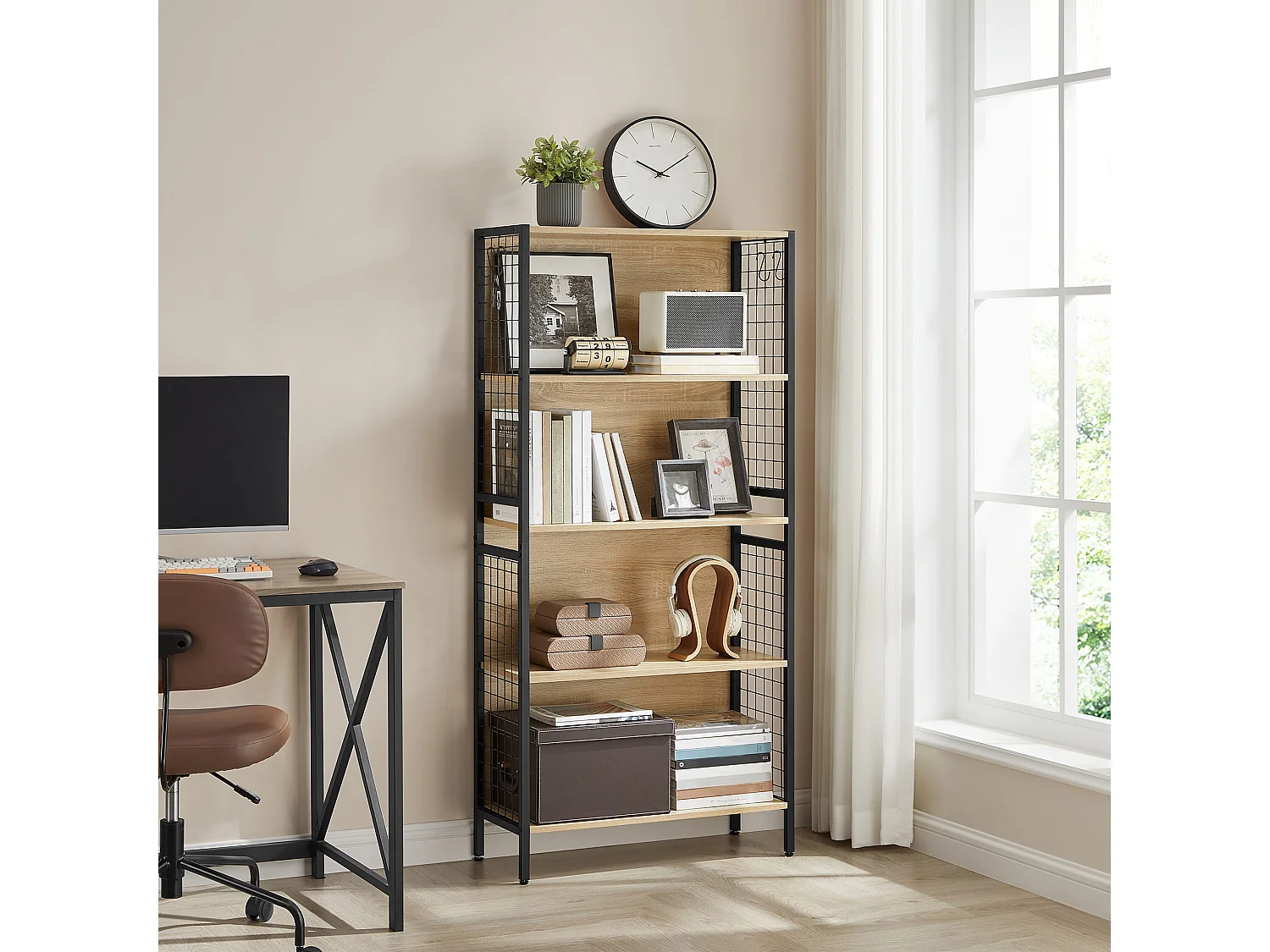 Bibliothèque Valora – 4 étagères en chêne Sonoma avec cadre en acier noir