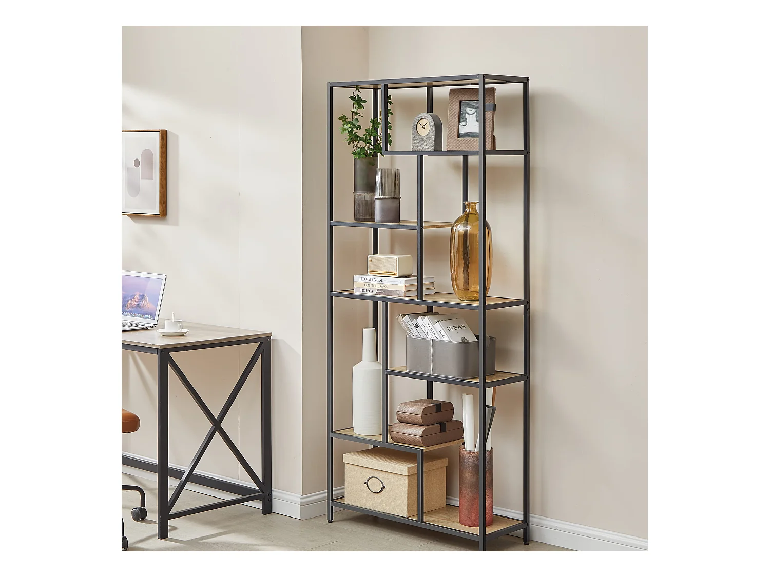 Librería Valora de 6 estantes estilo loft de roble Sonoma con marco negro