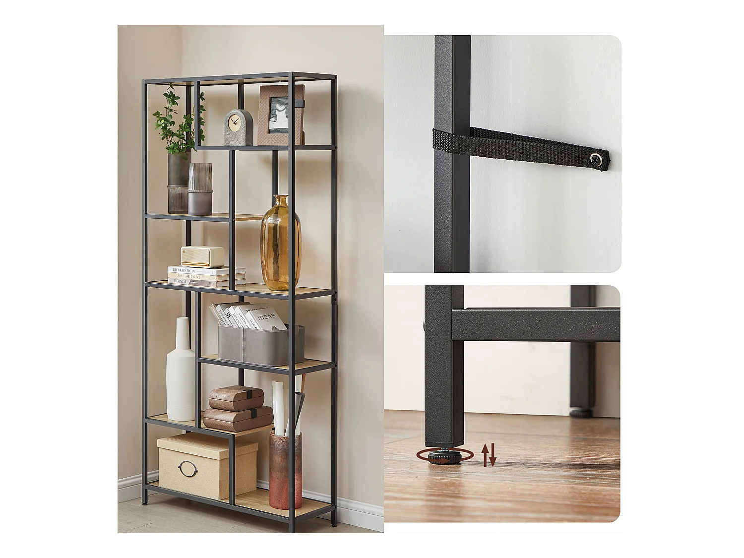 Librería Valora de 6 estantes estilo loft de roble Sonoma con marco negro