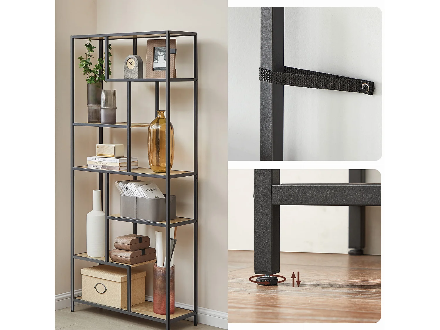 Librería Valora de 6 estantes estilo loft de roble Sonoma con marco negro