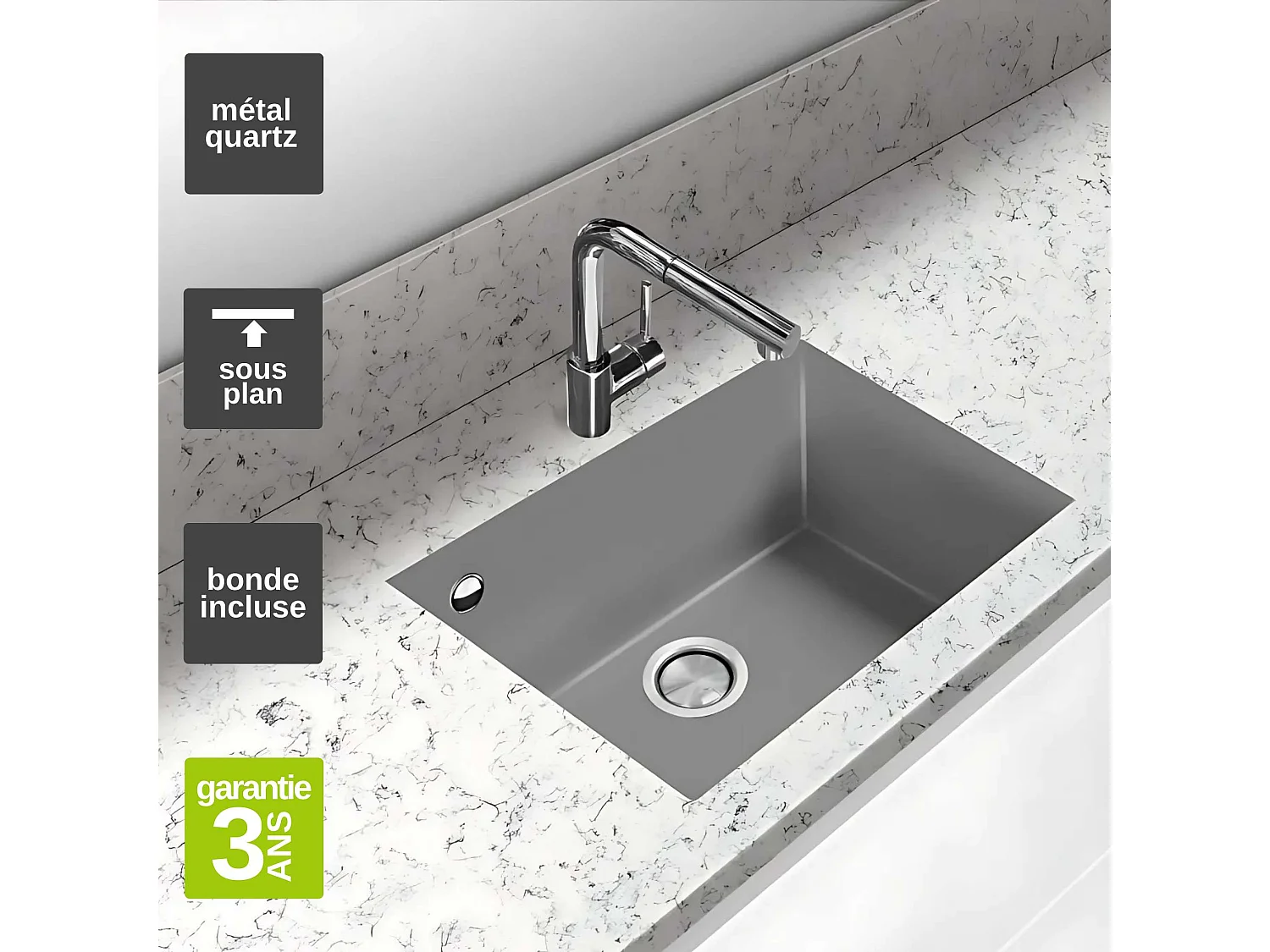 Évier sous-plan 1 Cuve 49x40x20cm R5mm - Quartz Titanium -  Quadra BE FRÉCAN