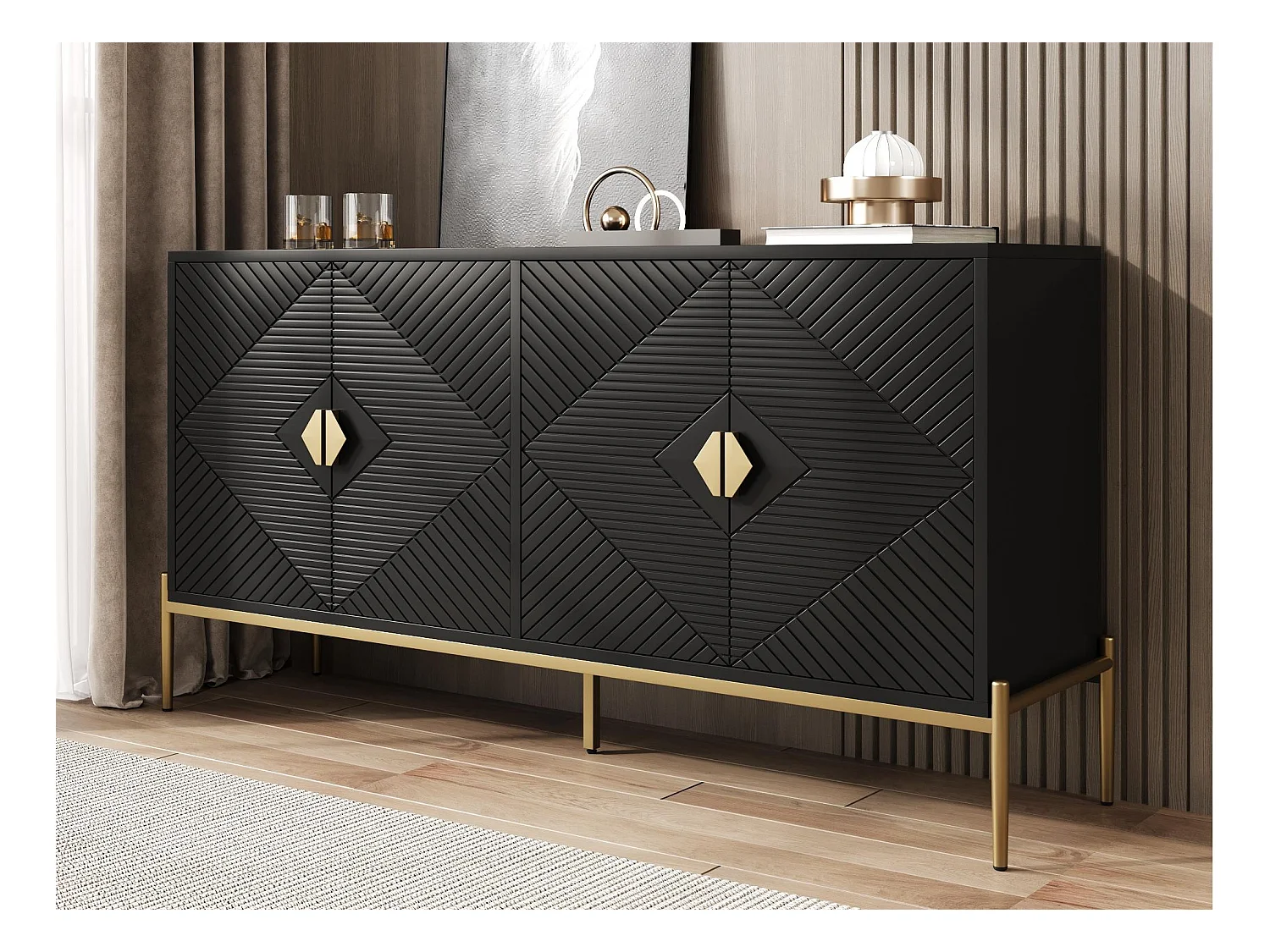 Buffet moderne 162x40x80 cm - avec 4 portes - Pieds en métal - MDF + panneaux de particules - Noir