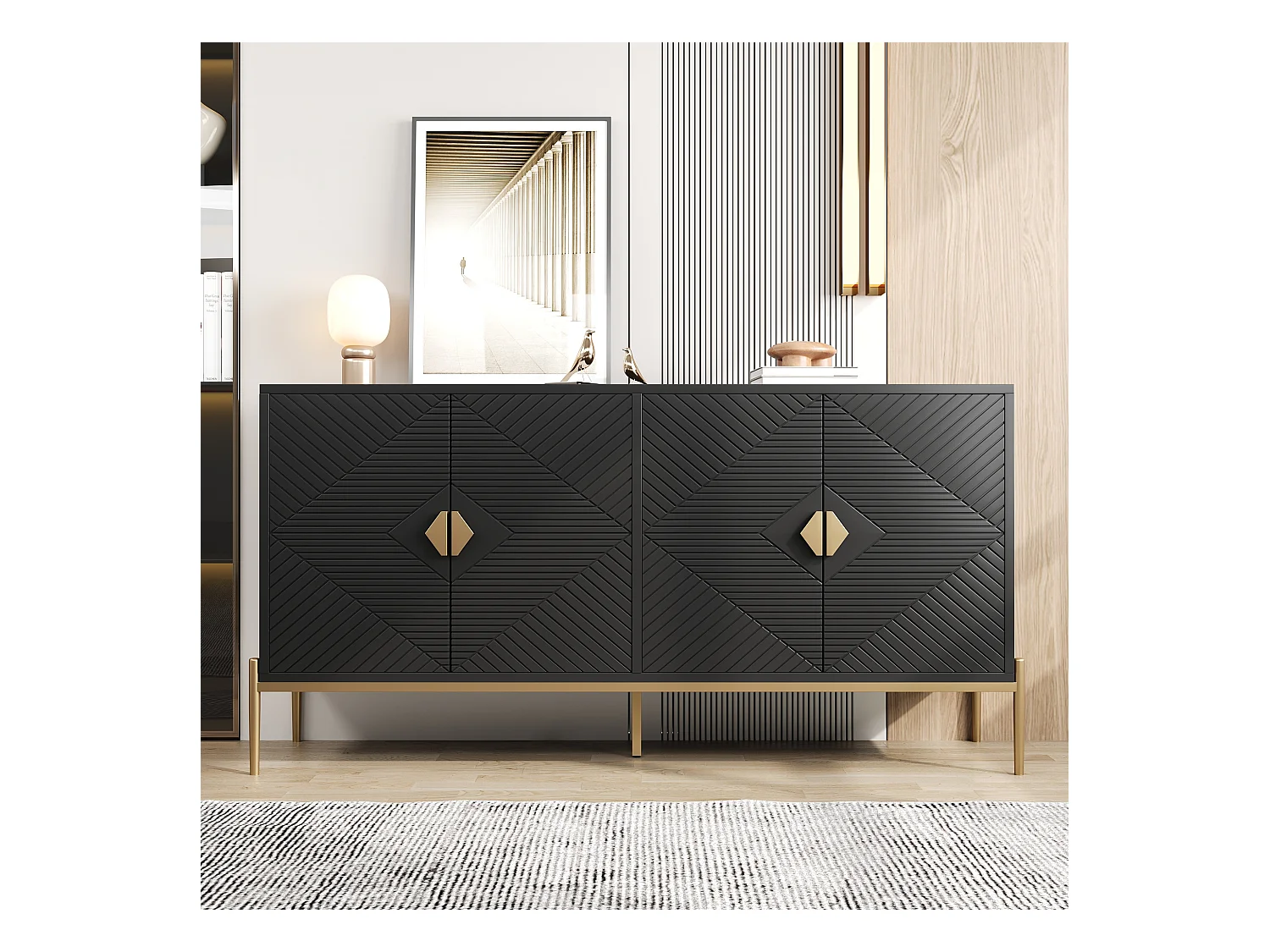 Buffet moderne 162x40x80 cm - avec 4 portes - Pieds en métal - MDF + panneaux de particules - Noir