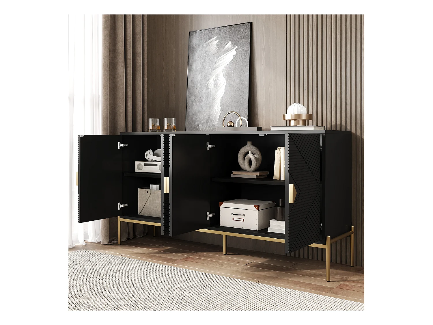Buffet moderne 162x40x80 cm - avec 4 portes - Pieds en métal - MDF + panneaux de particules - Noir