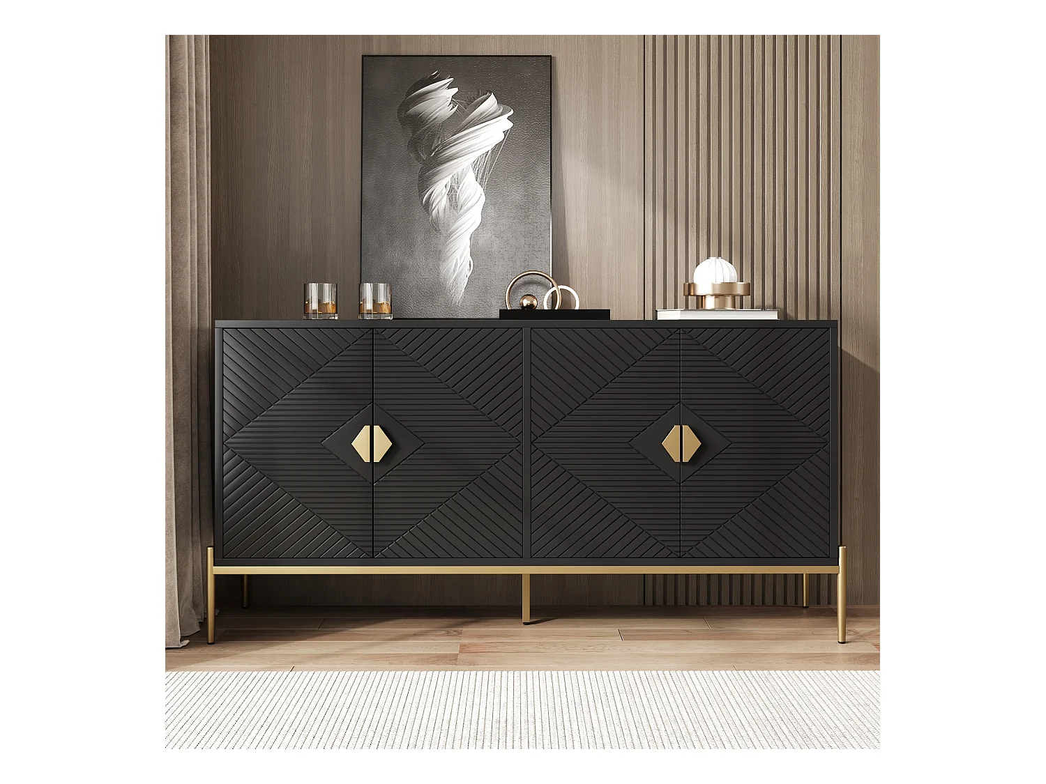 Buffet moderne 162x40x80 cm - avec 4 portes - Pieds en métal - MDF + panneaux de particules - Noir