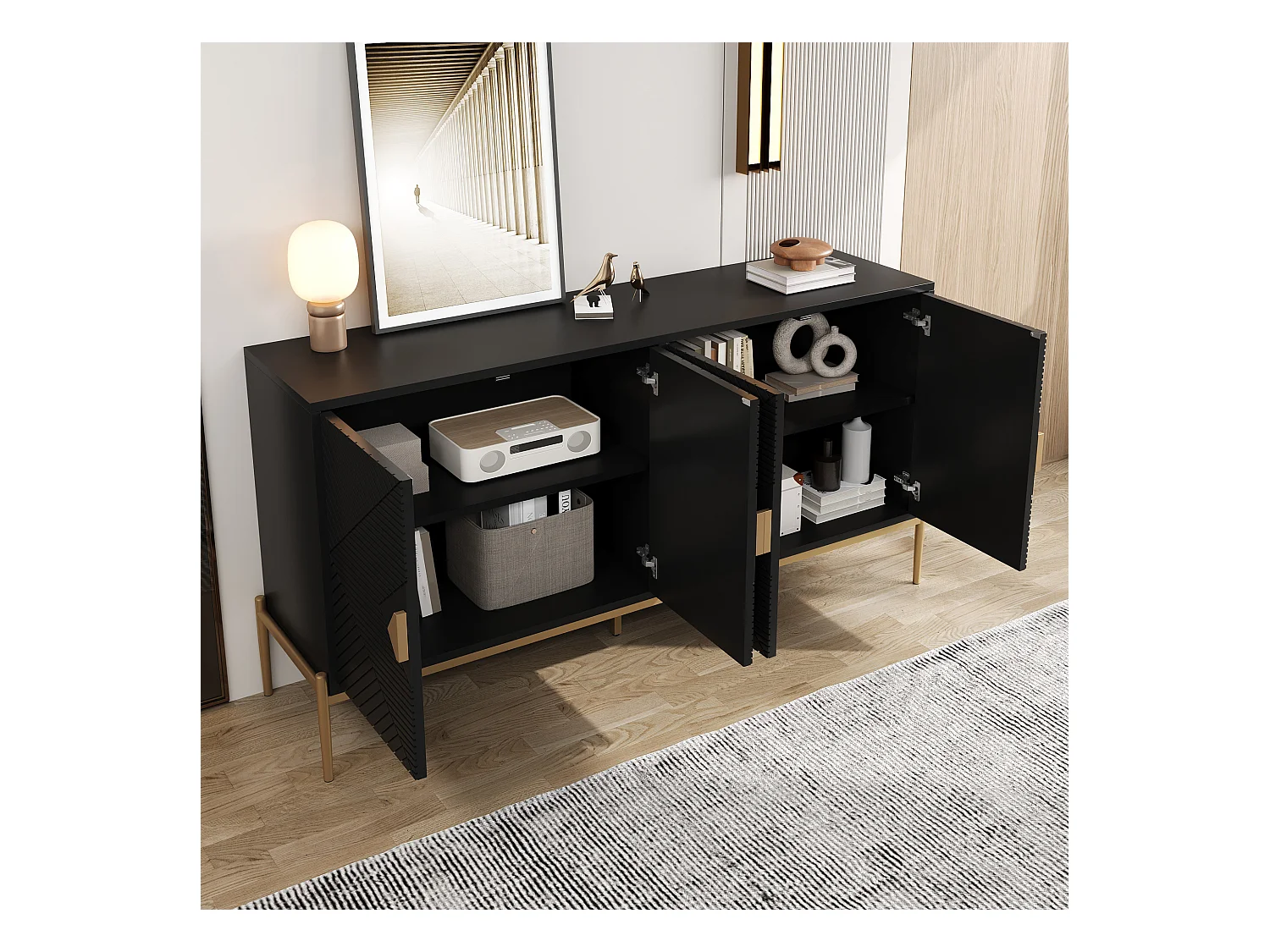 Buffet moderne 162x40x80 cm - avec 4 portes - Pieds en métal - MDF + panneaux de particules - Noir