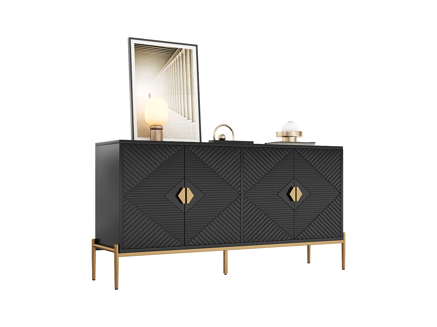 Buffet moderne 162x40x80 cm - avec 4 portes - Pieds en métal - MDF + panneaux de particules - Noir