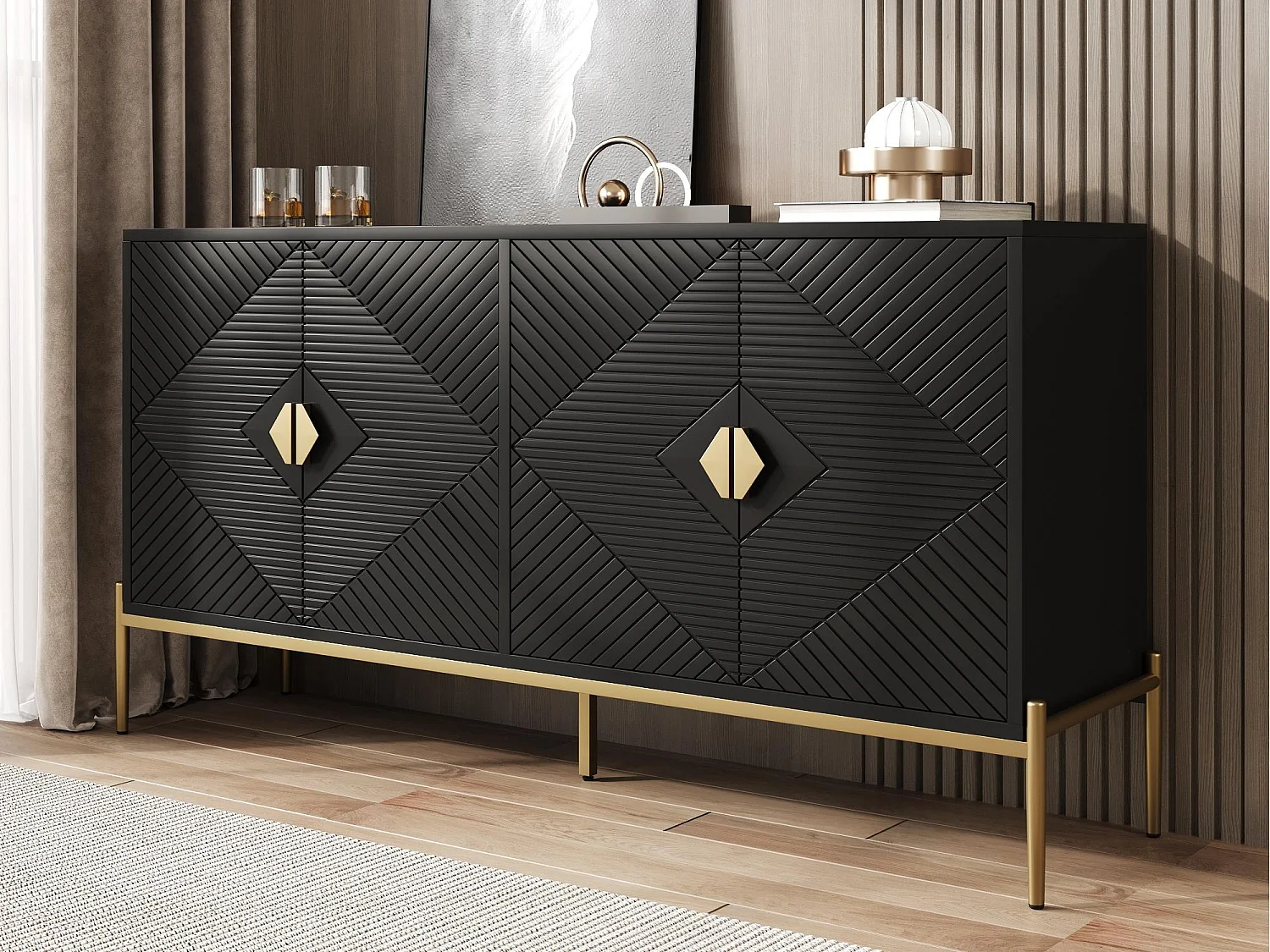 Buffet moderne 162x40x80 cm - avec 4 portes - Pieds en métal - MDF + panneaux de particules - Noir