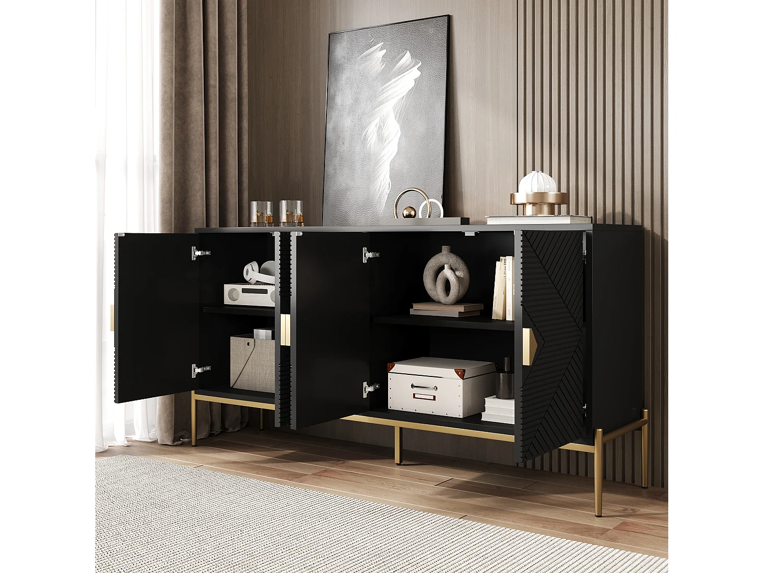 Buffet moderne 162x40x80 cm - avec 4 portes - Pieds en métal - MDF + panneaux de particules - Noir