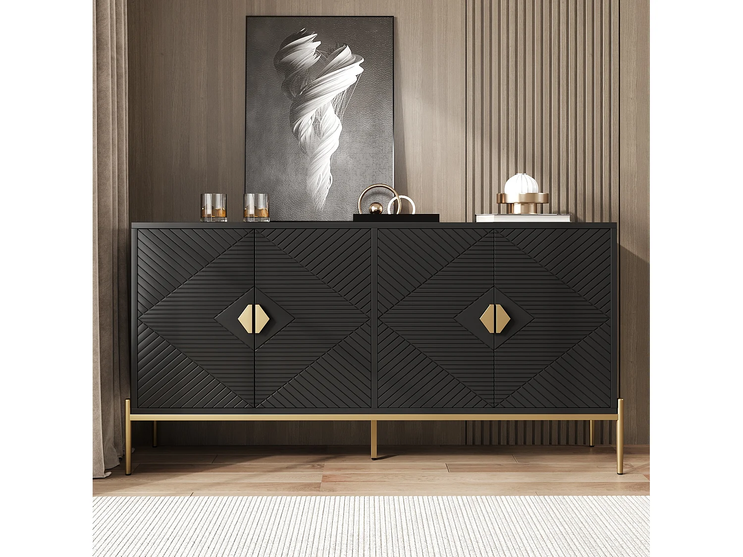 Buffet moderne 162x40x80 cm - avec 4 portes - Pieds en métal - MDF + panneaux de particules - Noir