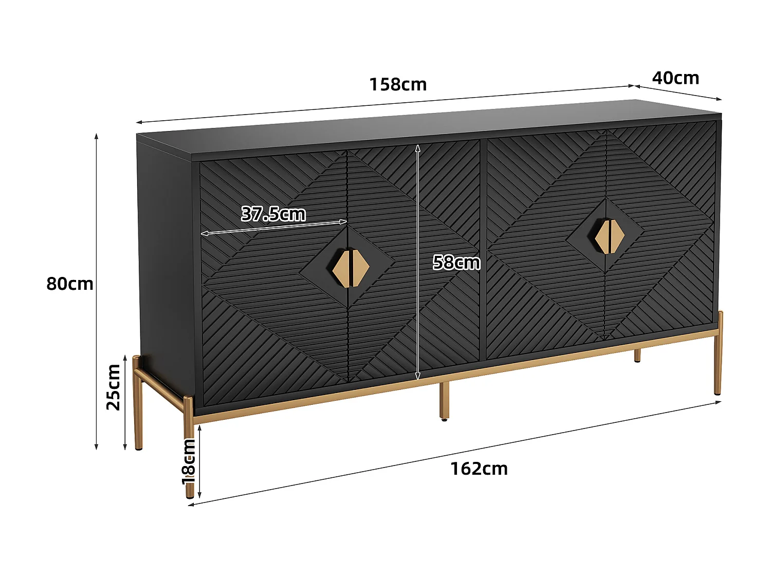Buffet moderne 162x40x80 cm - avec 4 portes - Pieds en métal - MDF + panneaux de particules - Noir