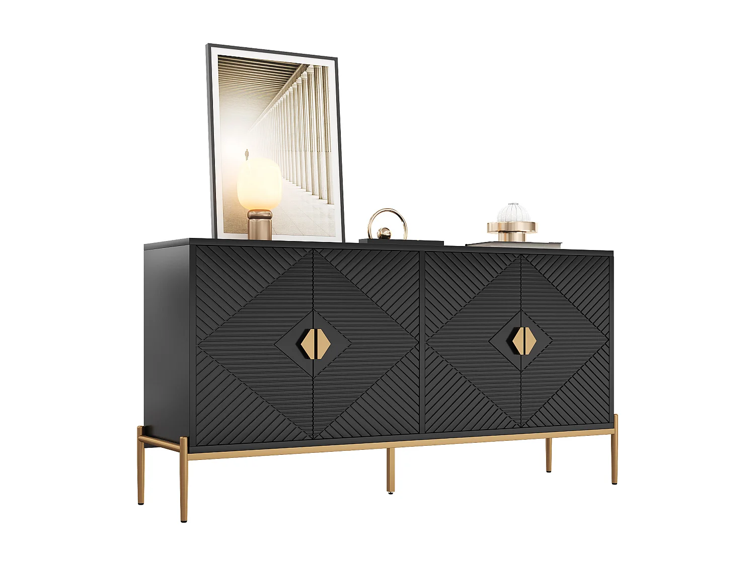 Buffet moderne 162x40x80 cm - avec 4 portes - Pieds en métal - MDF + panneaux de particules - Noir