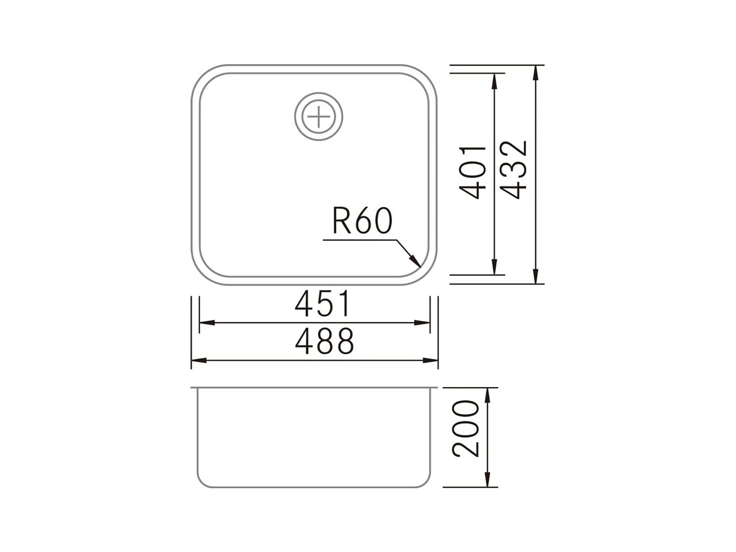 Évier sous-plan 1 Cuve 45x40x18cm R60mm - Acier inox 18/10 -  BM Top FRÉCAN