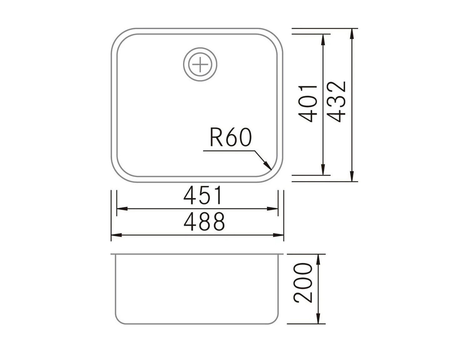 Évier sous-plan 1 Cuve 45x40x18cm R60mm - Acier inox 18/10 -  BM Top FRÉCAN