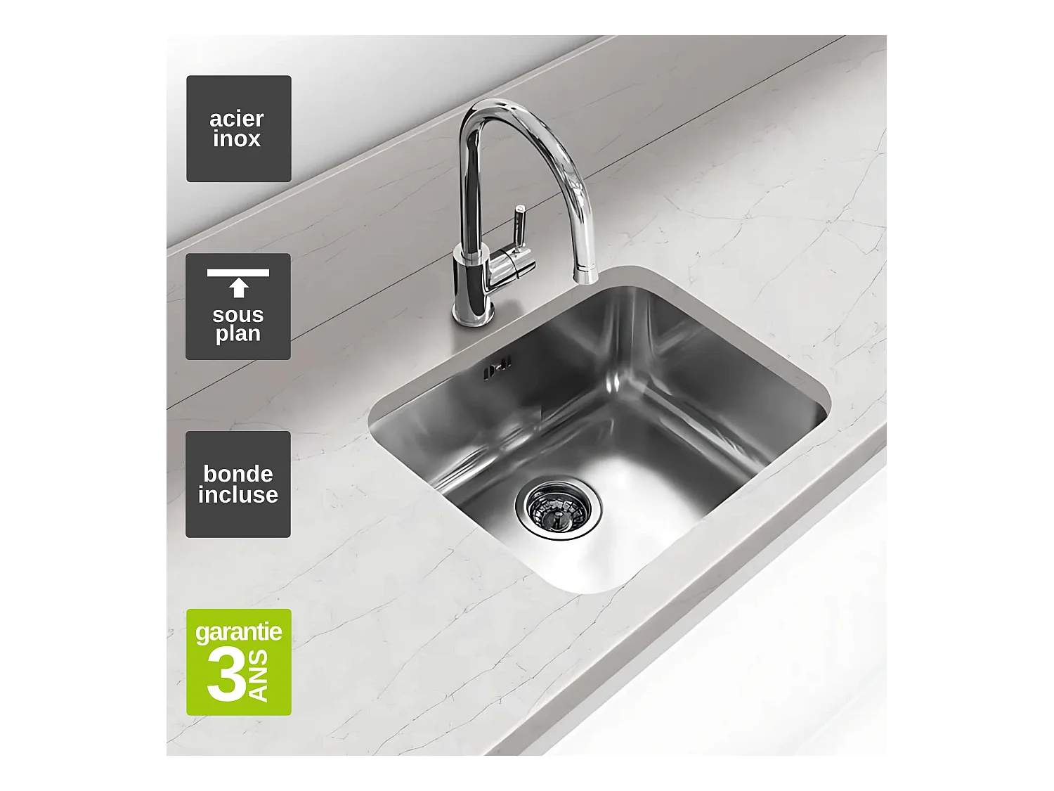 Évier sous-plan 1 Cuve 40x40x18cm R65mm - Acier inox 18/10 -  ONIX FRÉCAN