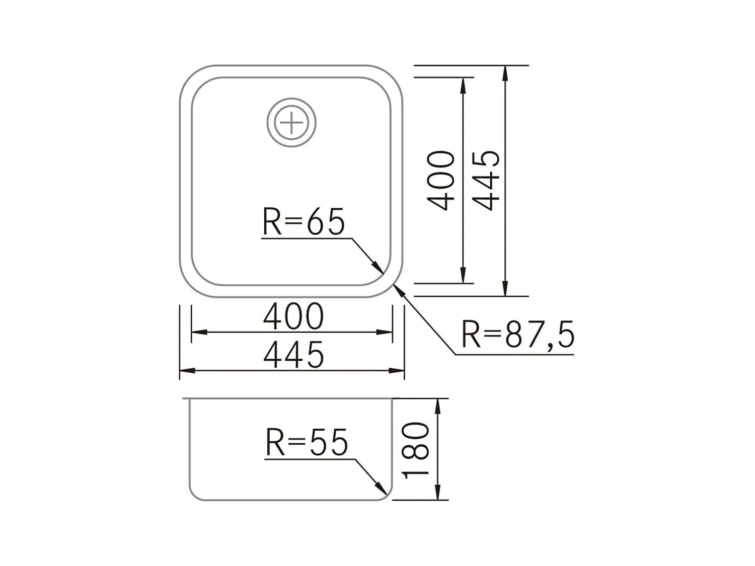 Évier sous-plan 1 Cuve 40x40x18cm R65mm - Acier inox 18/10 -  ONIX FRÉCAN