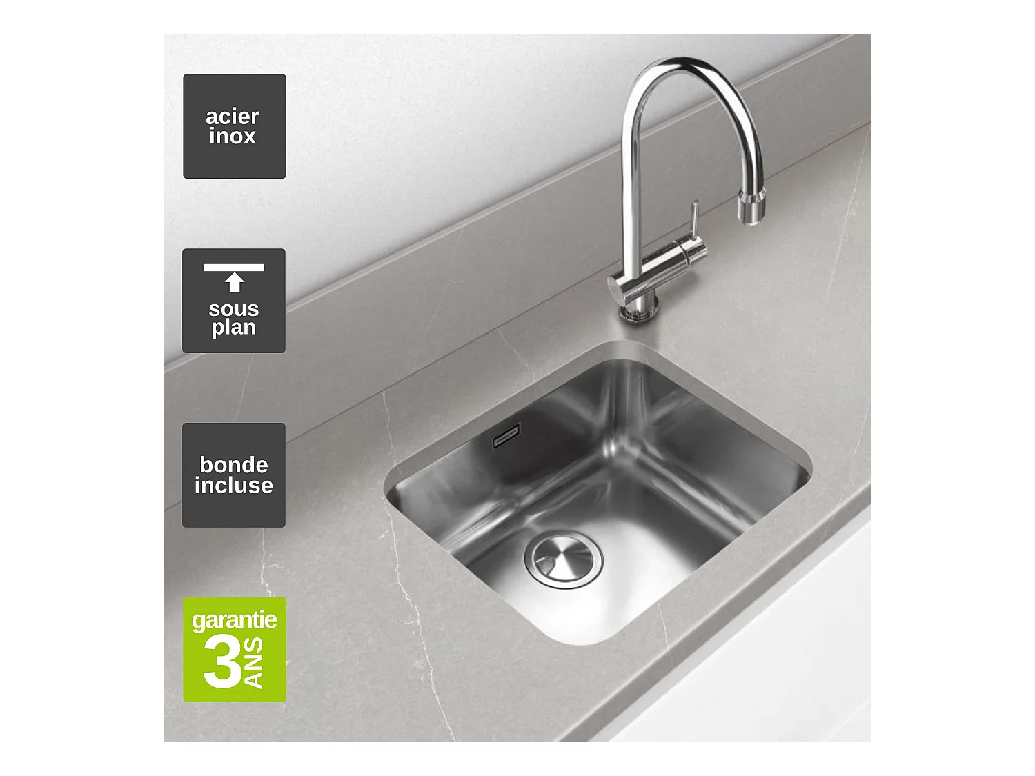 Évier sous-plan 1 Cuve 40x40x18cm R60mm - Acier inox 18/10 -  BM Top FRÉCAN
