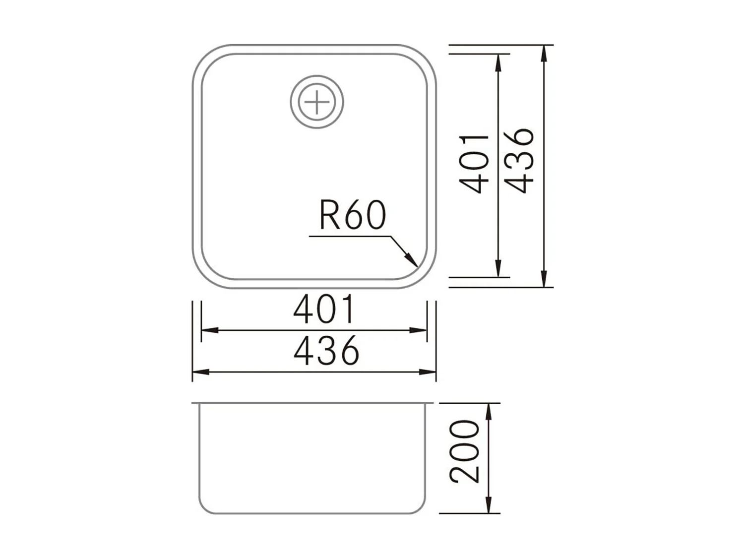 Évier sous-plan 1 Cuve 40x40x18cm R60mm - Acier inox 18/10 -  BM Top FRÉCAN