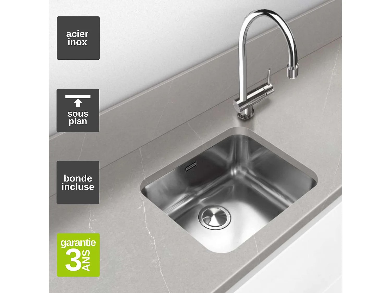 Évier sous-plan 1 Cuve 40x40x18cm R60mm - Acier inox 18/10 -  BM Top FRÉCAN