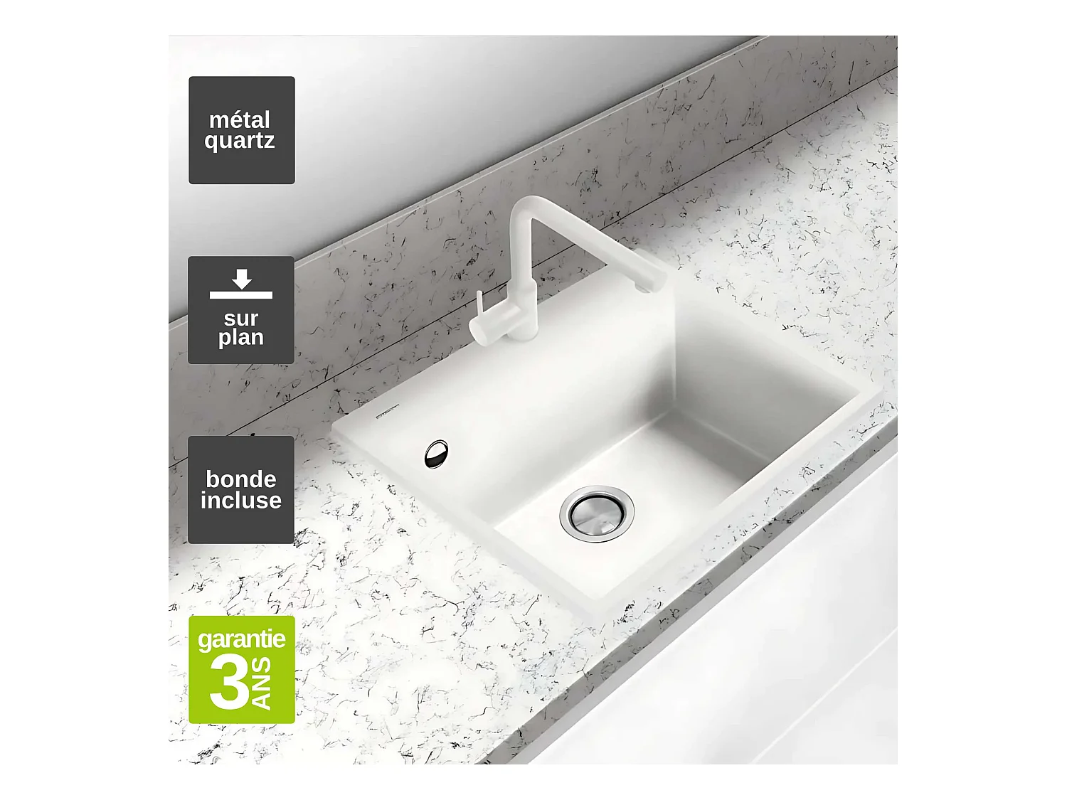 Évier à encastrer 1 Cuve 69x40x20cm - Quartz Blanc -  Quadra SE FRÉCAN