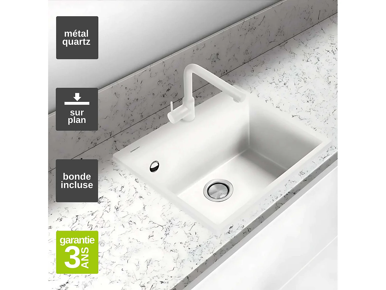 Évier à encastrer 1 Cuve 69x40x20cm - Quartz Blanc -  Quadra SE FRÉCAN