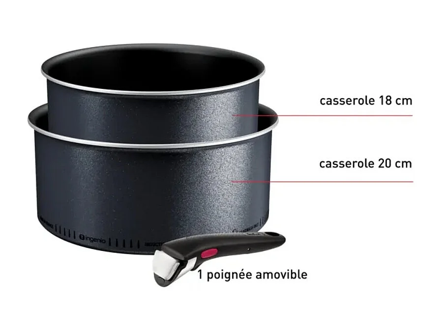 Tefal Lot de 2 casseroles aluminium 18/20cm + 1 poignée noir - L7239003