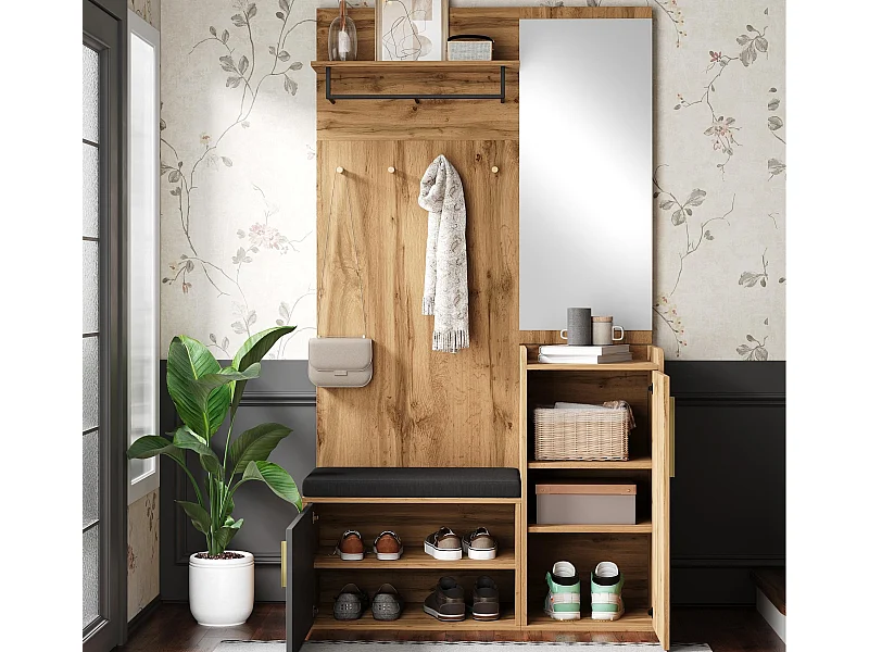 Zestaw wieszakowy do przedpokoju 100x38x185 cm - z lustrem i wieszakami - z szafką na buty i ławką na obuwie - Naturalny + czarny