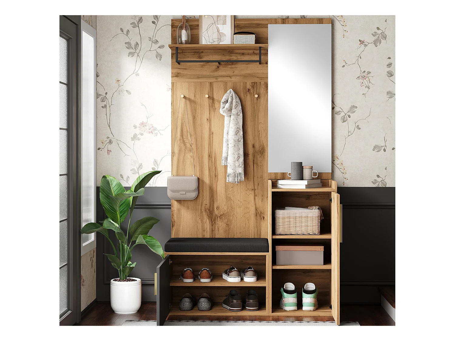 Ensemble vestiaire d'entrée 100x38x185 cm - avec miroir et patères - avec meuble à chaussures et banc à chaussures - Naturel + noir