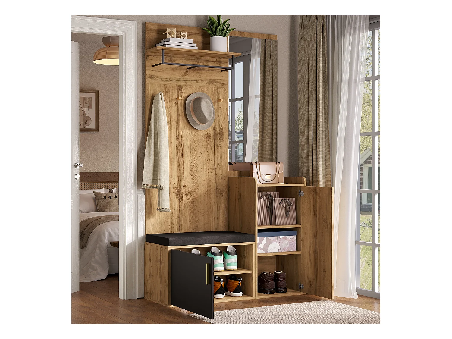 Ensemble vestiaire d'entrée 100x38x185 cm - avec miroir et patères - avec meuble à chaussures et banc à chaussures - Naturel + noir