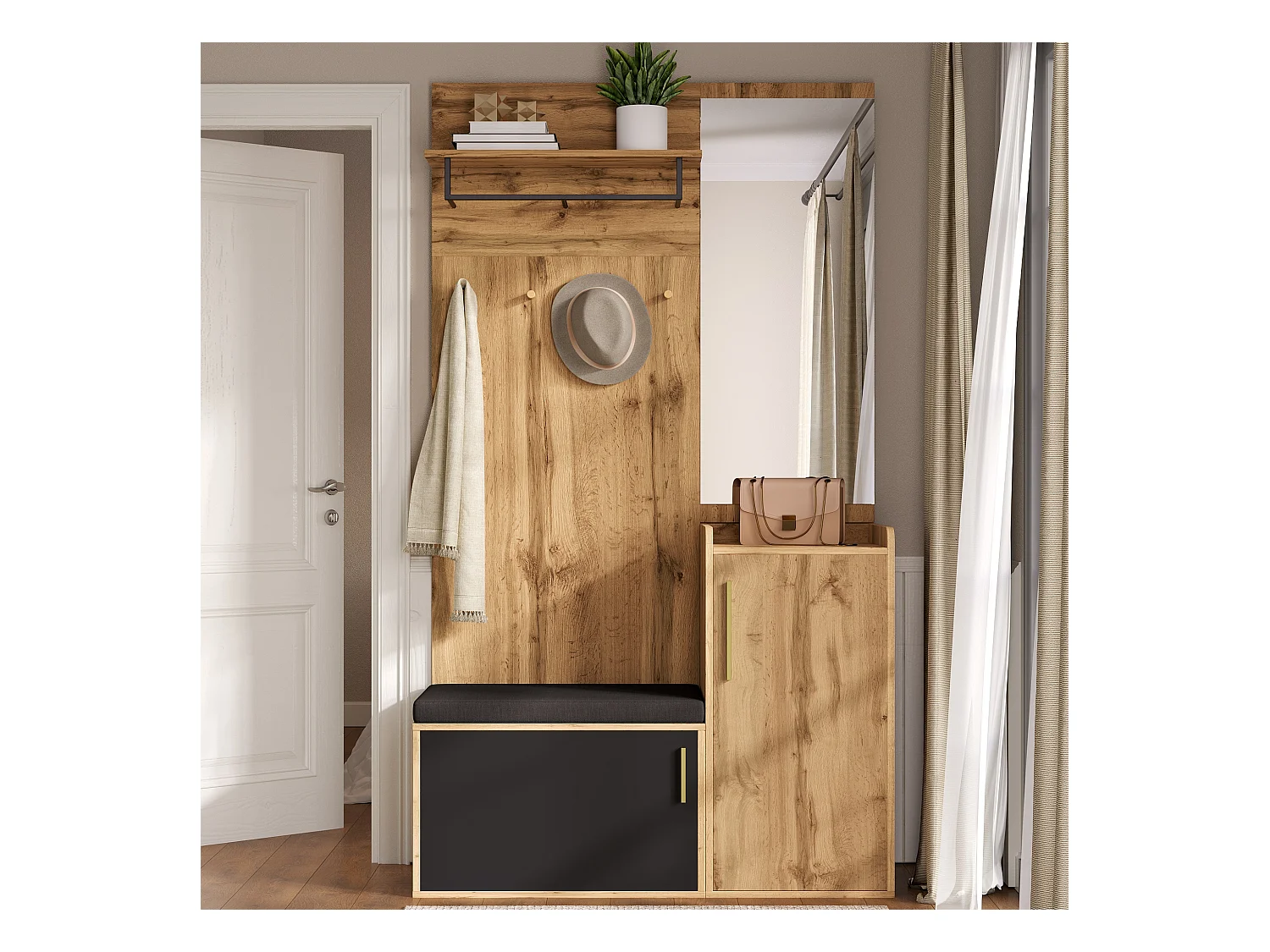 Ensemble vestiaire d'entrée 100x38x185 cm - avec miroir et patères - avec meuble à chaussures et banc à chaussures - Naturel + noir