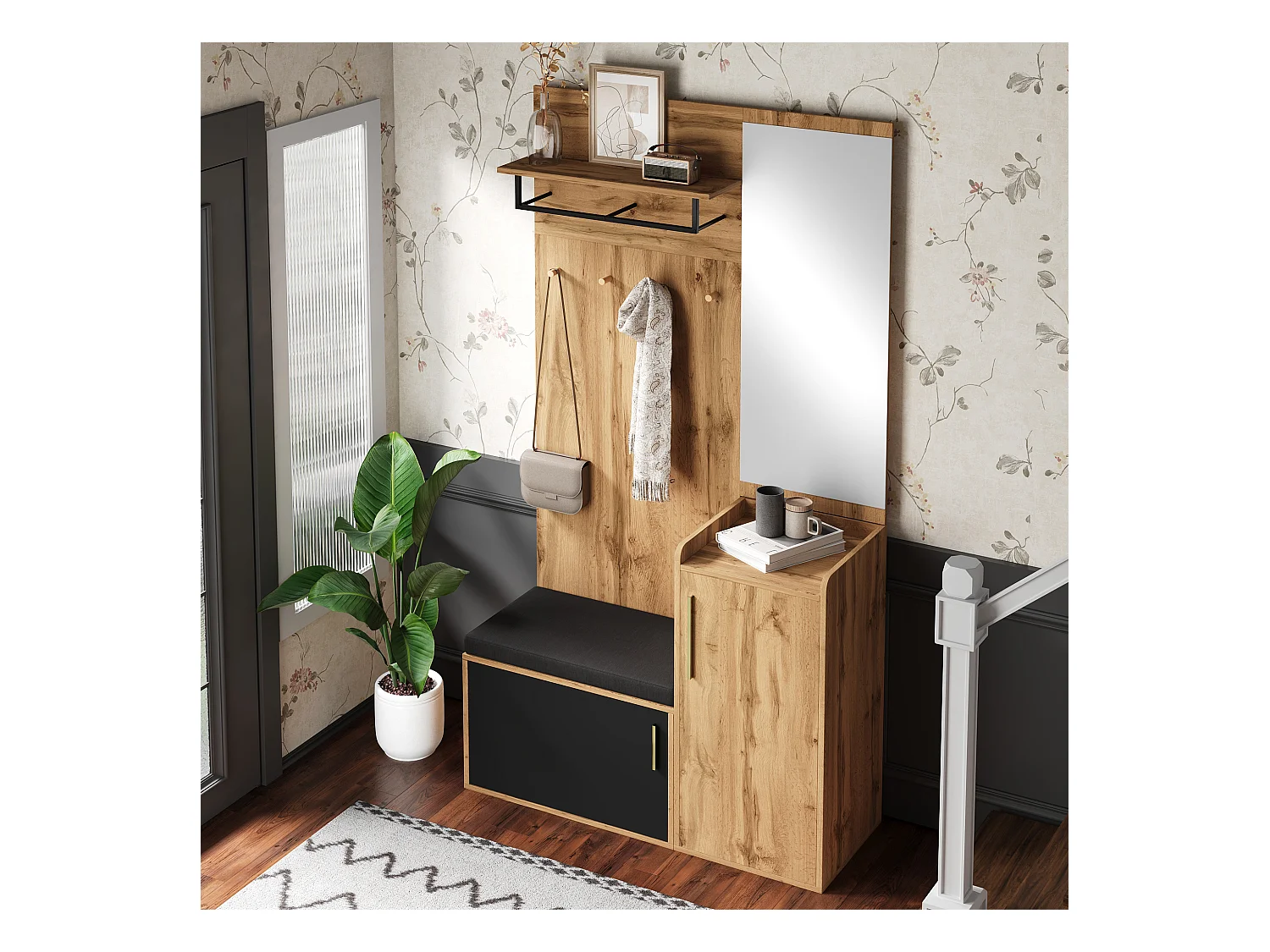 Ensemble vestiaire d'entrée 100x38x185 cm - avec miroir et patères - avec meuble à chaussures et banc à chaussures - Naturel + noir