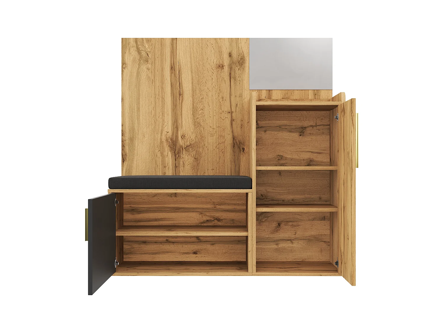 Ensemble vestiaire d'entrée 100x38x185 cm - avec miroir et patères - avec meuble à chaussures et banc à chaussures - Naturel + noir