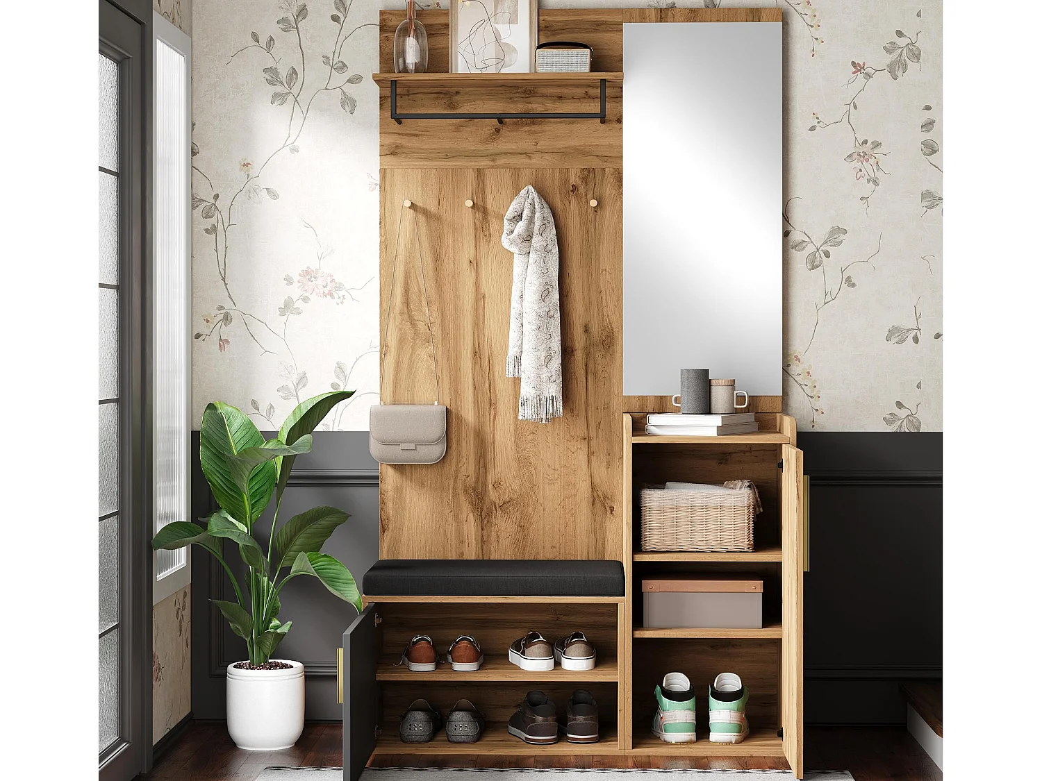 Ensemble vestiaire d'entrée 100x38x185 cm - avec miroir et patères - avec meuble à chaussures et banc à chaussures - Naturel + noir