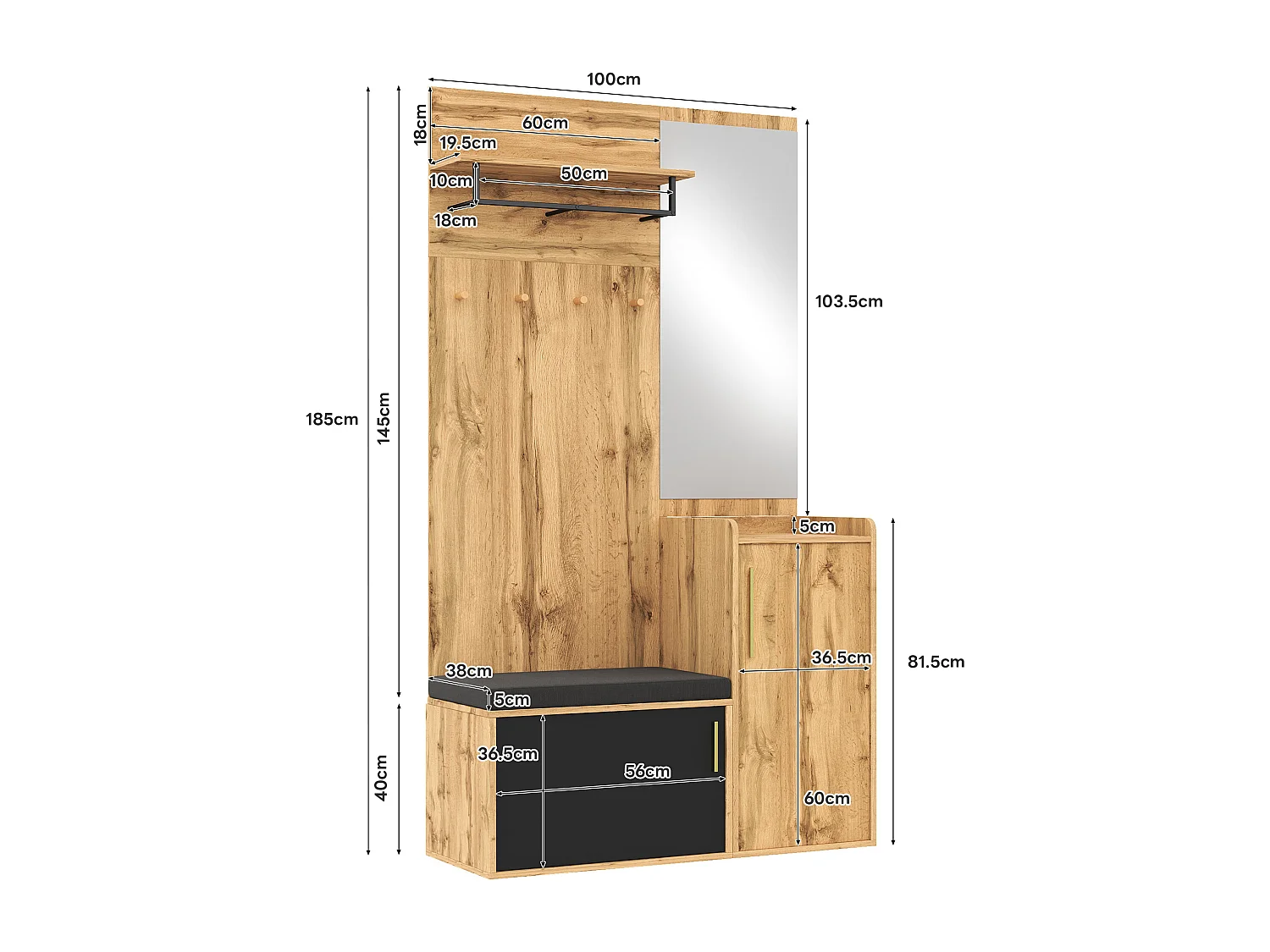 Ensemble vestiaire d'entrée 100x38x185 cm - avec miroir et patères - avec meuble à chaussures et banc à chaussures - Naturel + noir