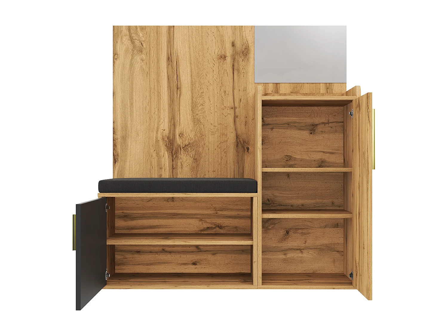 Ensemble vestiaire d'entrée 100x38x185 cm - avec miroir et patères - avec meuble à chaussures et banc à chaussures - Naturel + noir