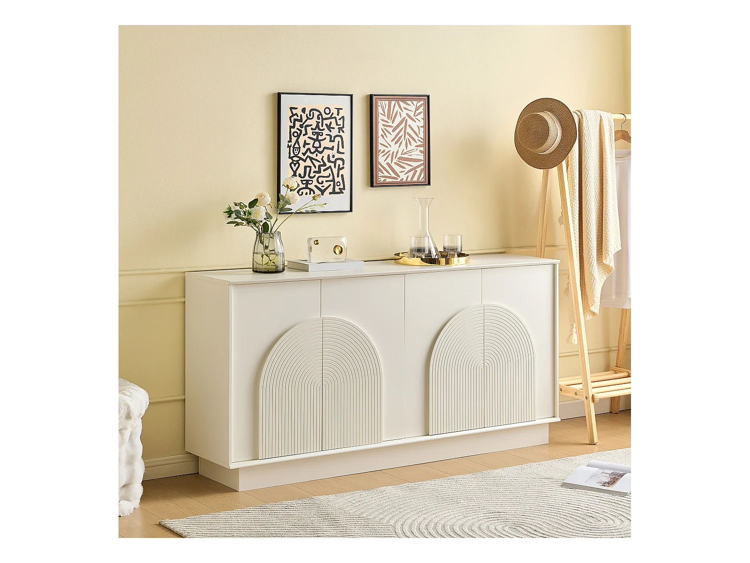 Buffet moderne 160x38x80 cm - avec 4 portes - Décoration incurvée - MDF - Blanc