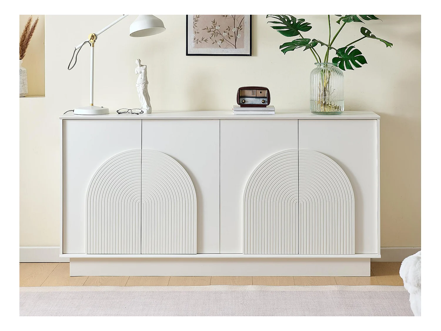 Nowoczesny bufet 160x38x80 cm - z 4 drzwiami - Zdobienie łukowe - MDF - Biały
