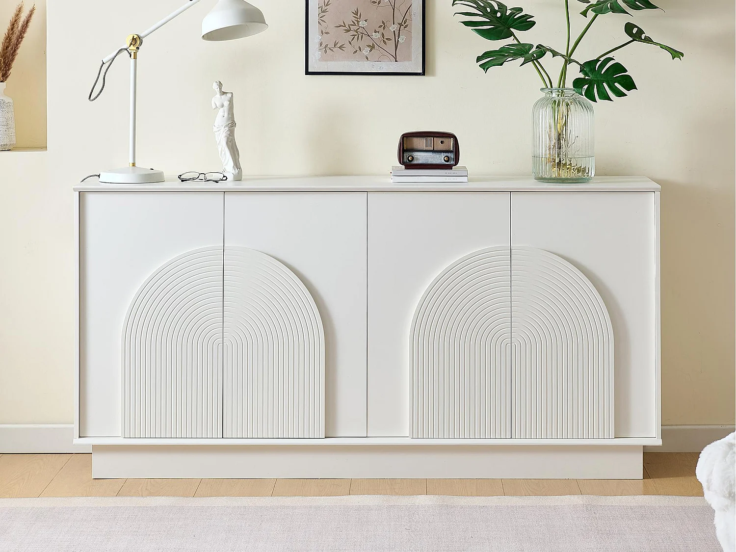 Buffet moderne 160x38x80 cm - avec 4 portes - Décoration incurvée - MDF - Blanc