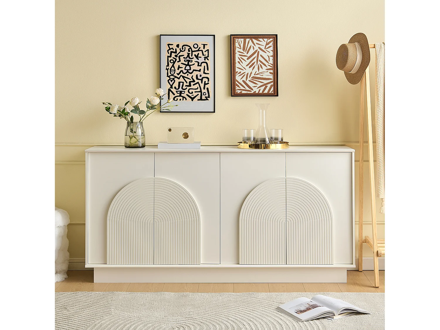 Buffet moderne 160x38x80 cm - avec 4 portes - Décoration incurvée - MDF - Blanc