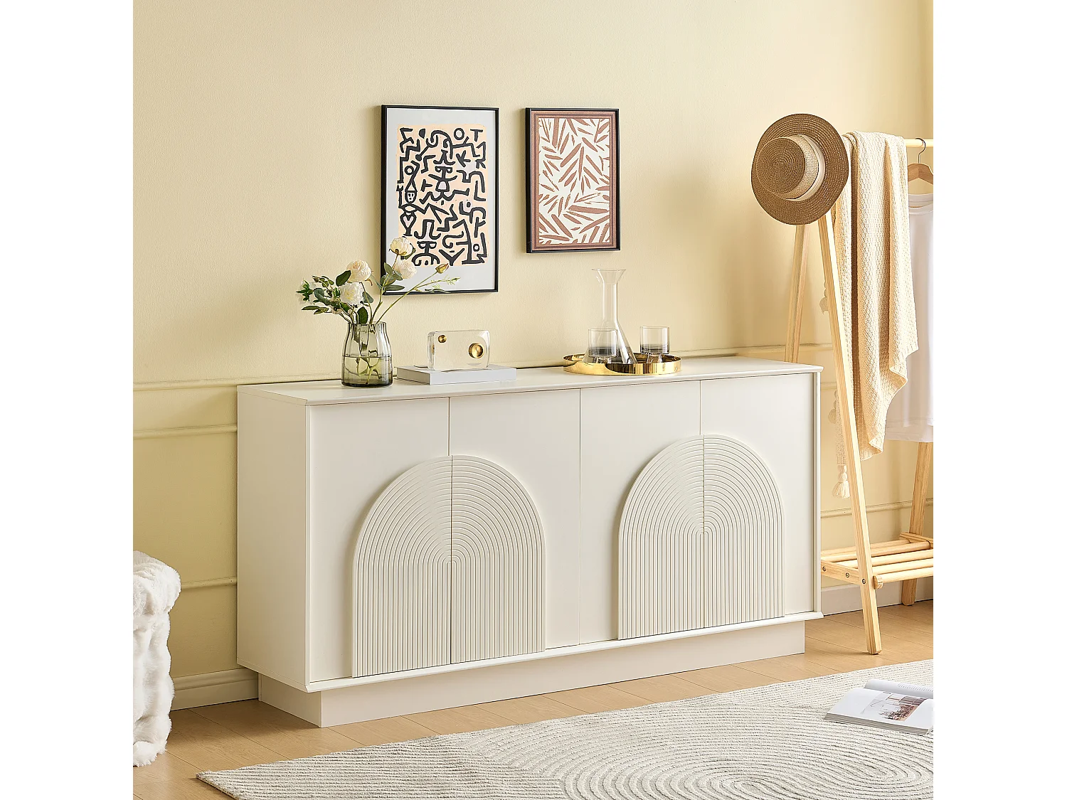 Buffet moderne 160x38x80 cm - avec 4 portes - Décoration incurvée - MDF - Blanc