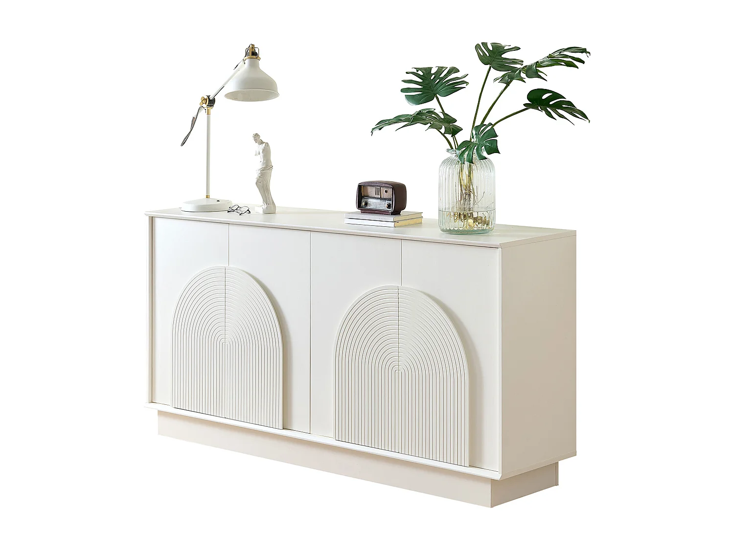 Buffet moderne 160x38x80 cm - avec 4 portes - Décoration incurvée - MDF - Blanc