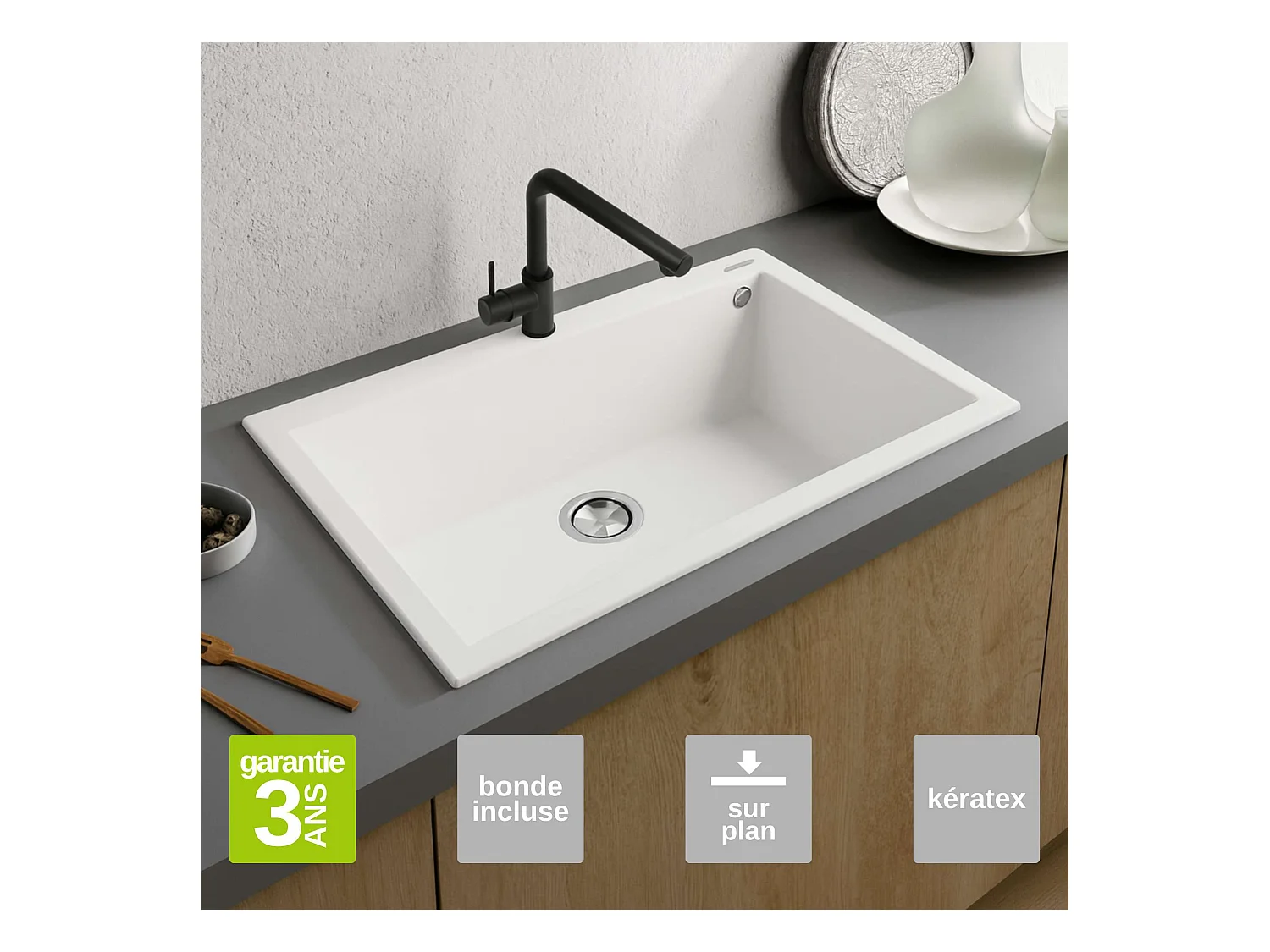 Évier à encastrer 1 Cuve 72x40x20cm - Quartz Blanc -  Kera SE FRÉCAN