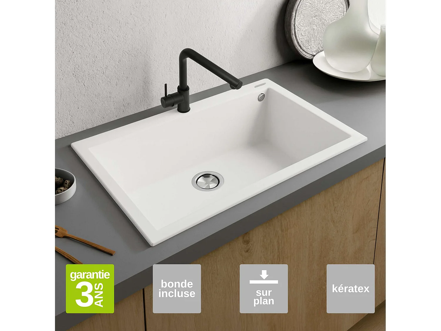 Évier à encastrer 1 Cuve 72x40x20cm - Quartz Blanc -  Kera SE FRÉCAN