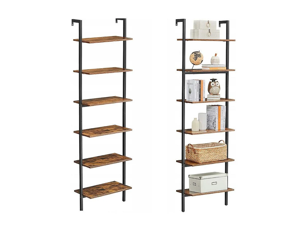 Bibliothèque échelle style loft rustique marron Valora avec 6 étagères | vintage