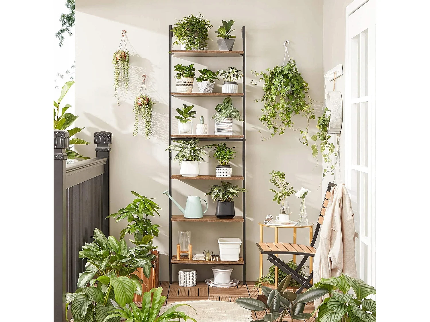 Bibliothèque échelle style loft rustique marron Valora avec 6 étagères | vintage