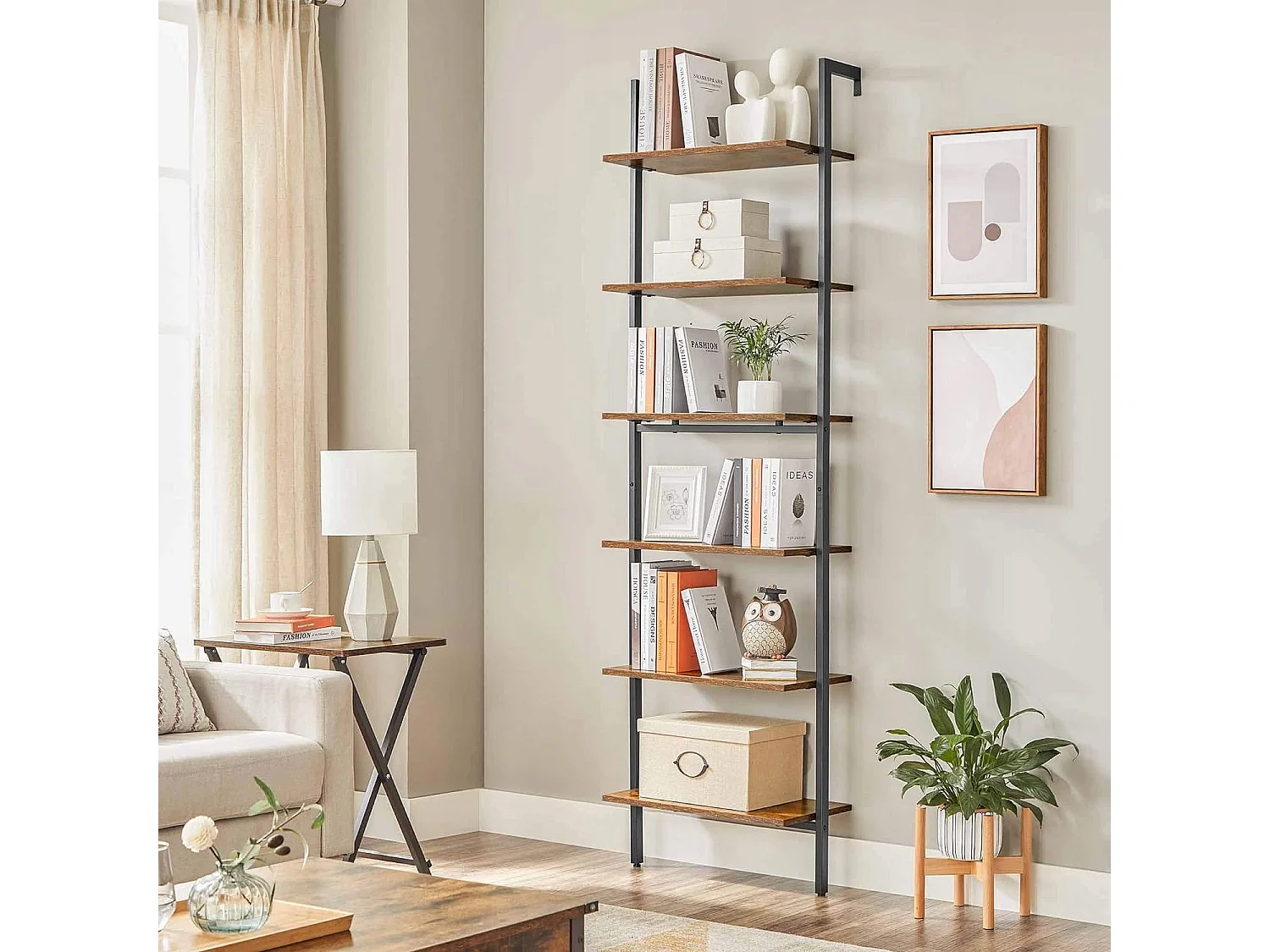 Bibliothèque échelle style loft rustique marron Valora avec 6 étagères | vintage