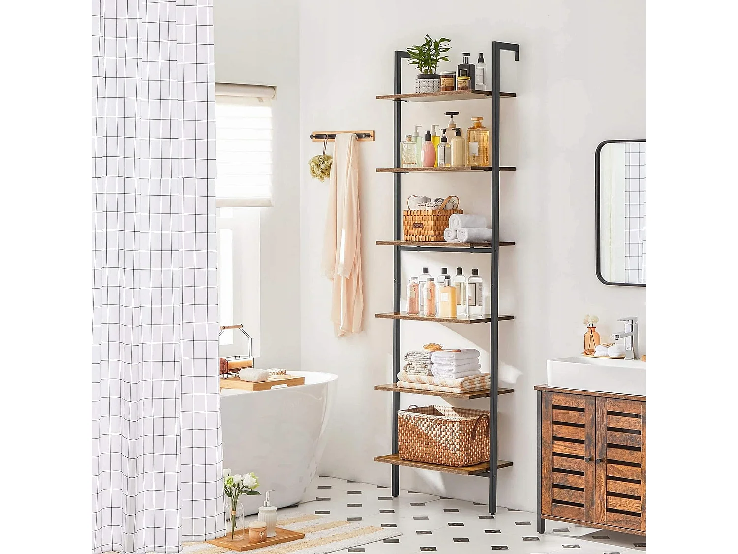 Bibliothèque échelle style loft rustique marron Valora avec 6 étagères | vintage