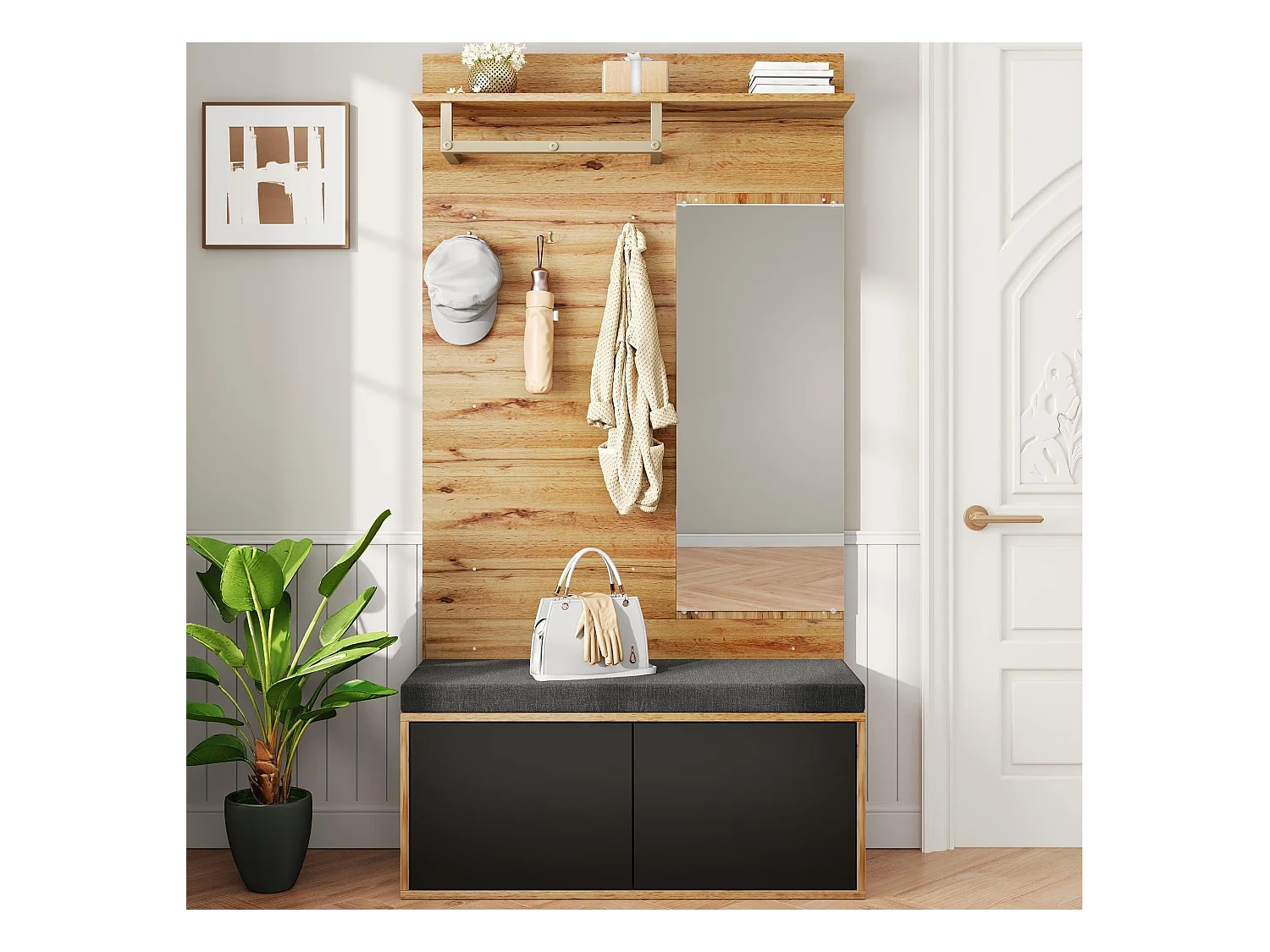 Ensemble vestiaire d'entrée 100x38x190 cm - avec miroir et patères -  Avec meuble à chaussures et banc à chaussures - Naturel+noir